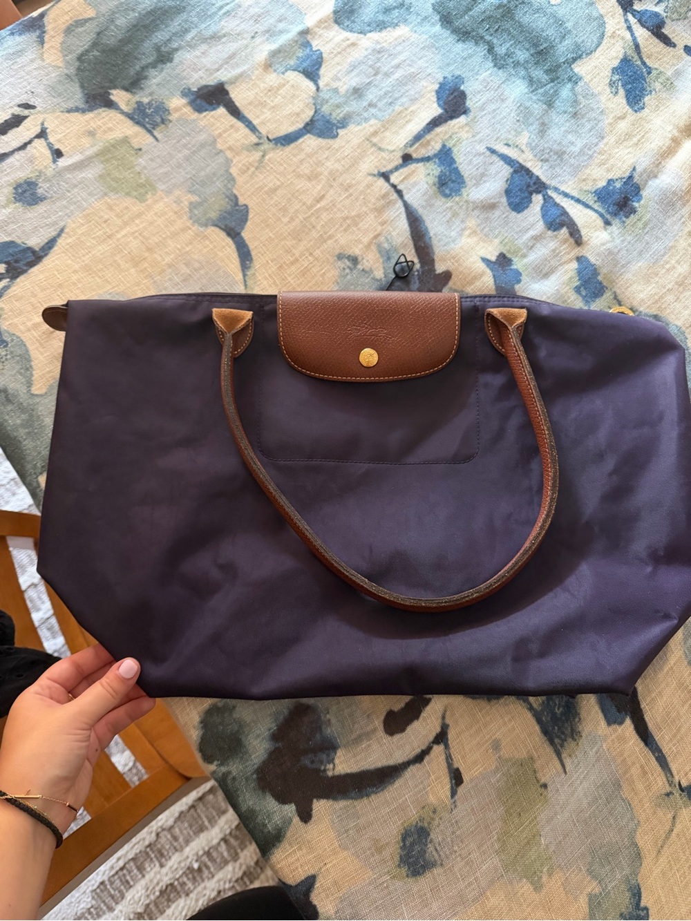 Longchamp Navy Tote with Brown Leather Trim